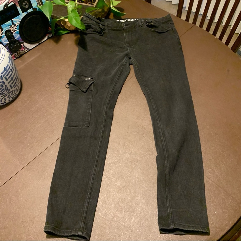 HT Denim Stinger Jeans Men's 38x32 Black Skinny No Removable Strap Punk Emo Goth